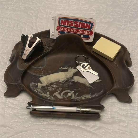 Vintage & Rare Genuine Incolay Stone DEER ELK BUCK DOE Carved Desk Organizer - Picture 10 of 12